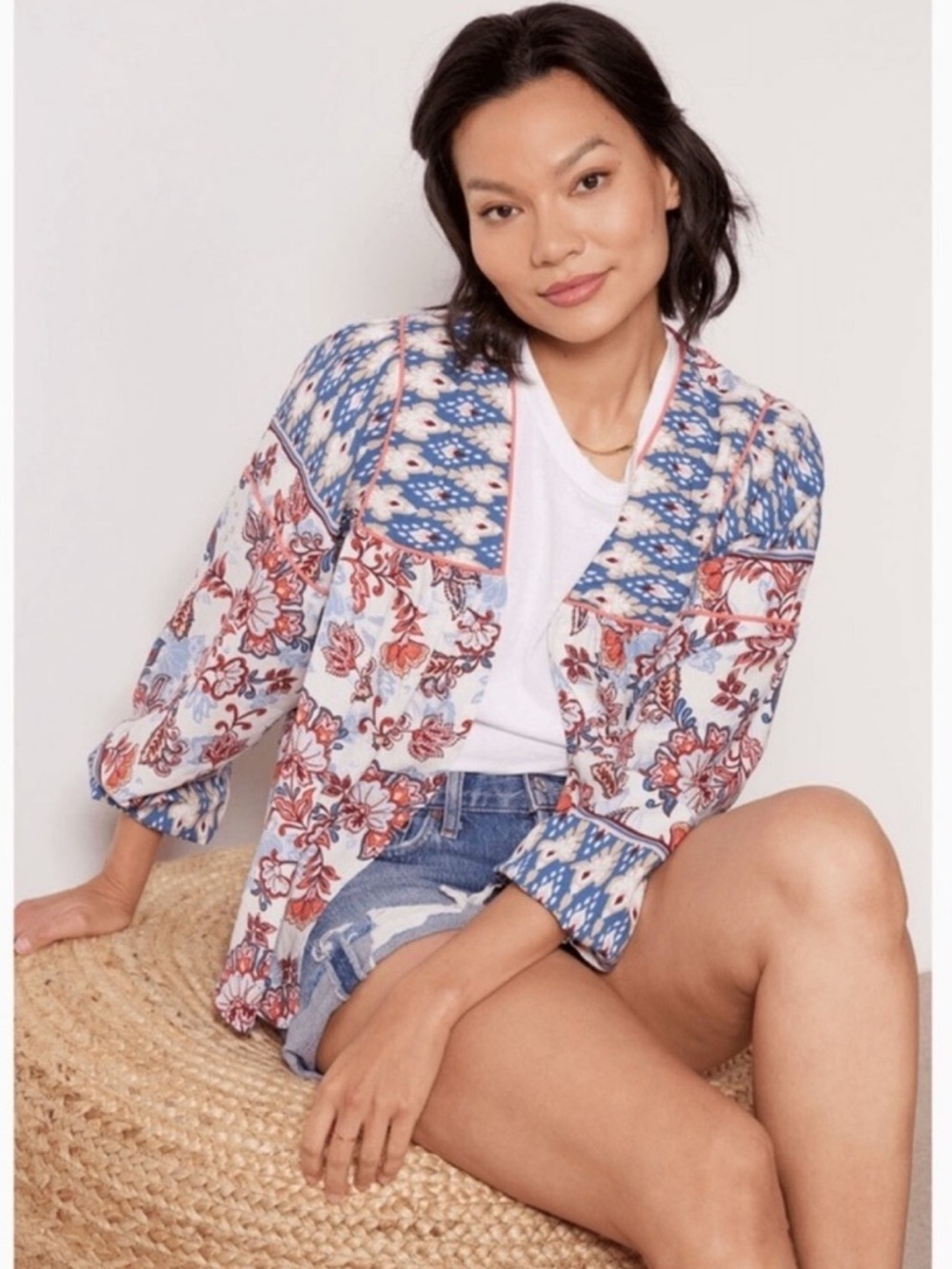 Evereve Penny Floral Boho Open Front Blouse M/L | Linen Blend Balloon Sleeves